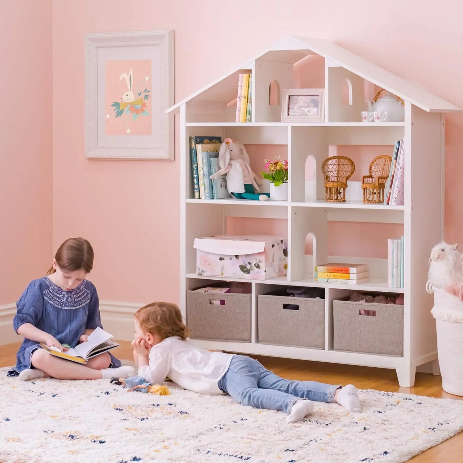 Kids' Deluxe Dollhouse Bookcase - Creamy White: Large Wooden Organizer Shelves with Storage Bins for Books, Dolls