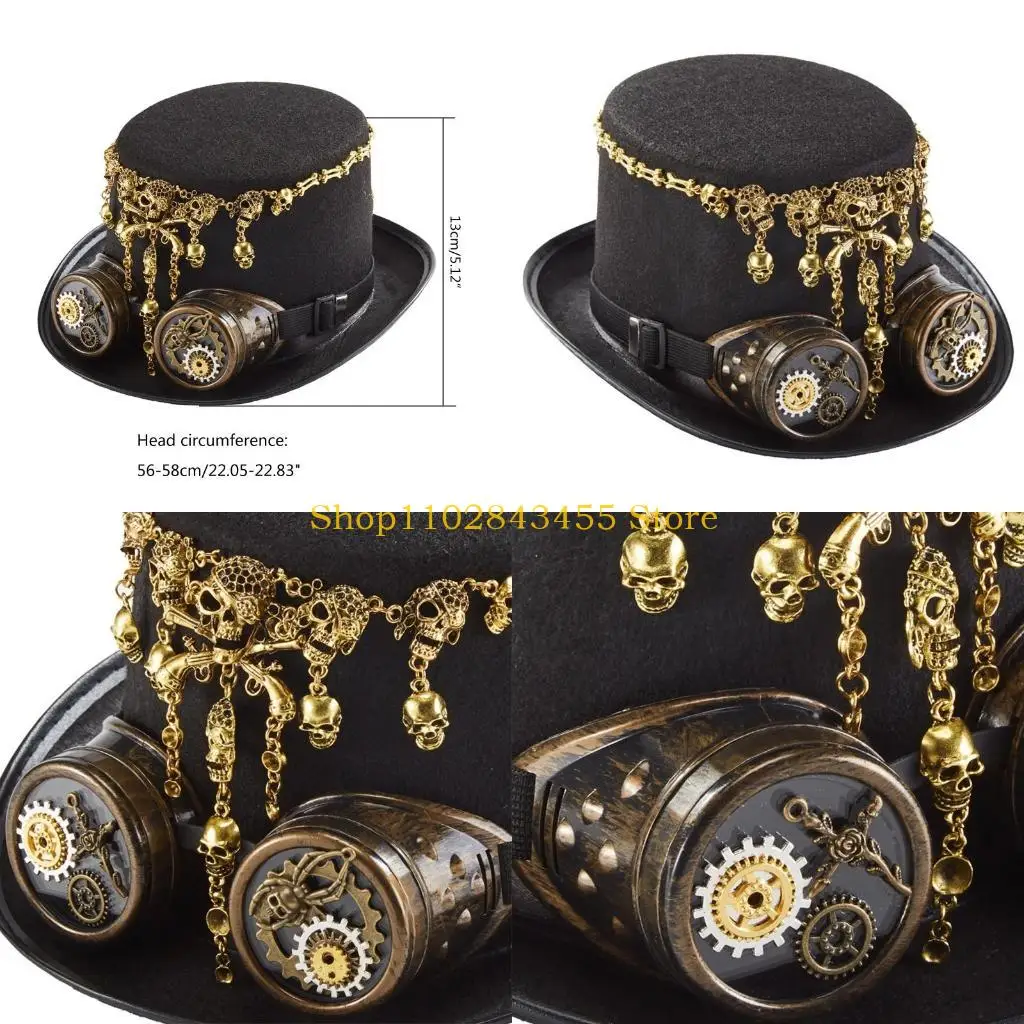 49MC Victorian Top Hat Gear Goggles Steampunk Hat Retro Skull Jazz Hat Party Halloween Hat Accessories for Carnival Party