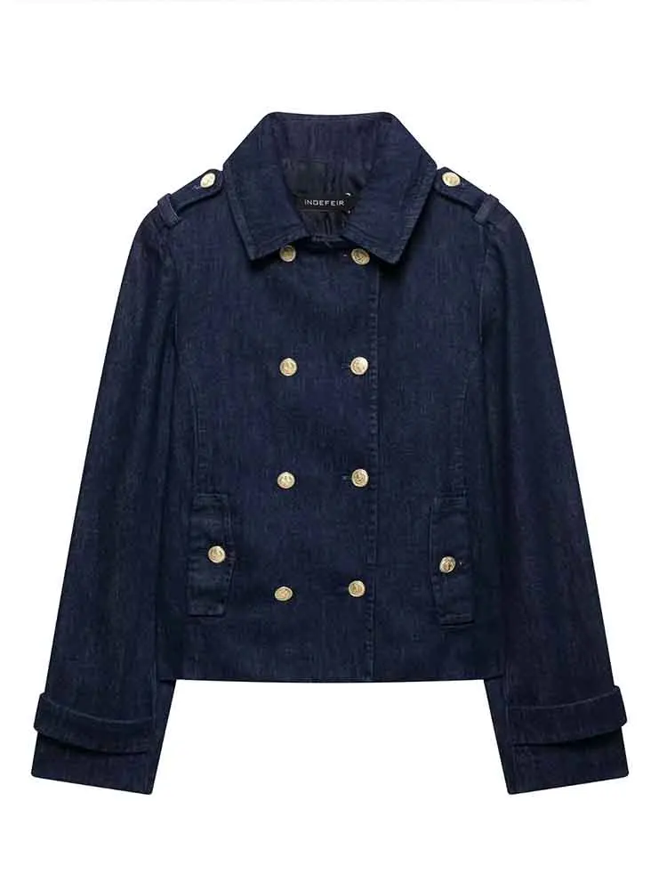 

European style new women's clothing simple and fashionable all-match long-sleeved denim double-breasted jacket