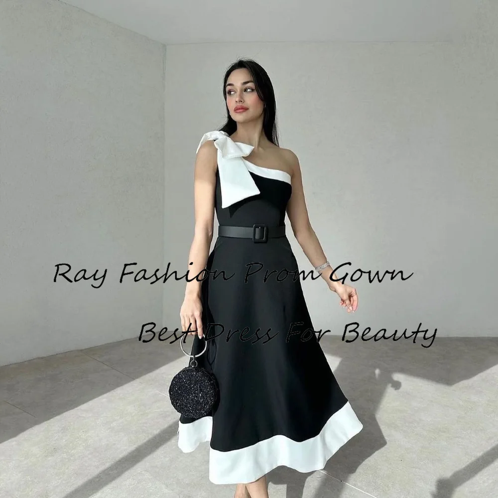 

Simple A Line Evening Dress One Shoulder With Bow Sleeveless Tea Length Formal Occasion Saudi Arabia فساتين سهرة For Women