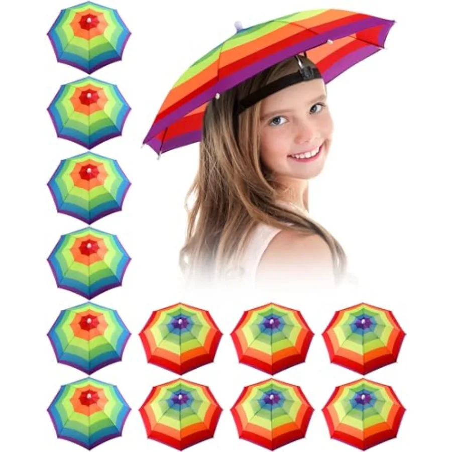

Chunful 12 Pack Umbrella Hat for Adults with Elastic Band 20 Inch Fun Colorful Party Umbrella Cap Rainbow Waterproof Hands-free