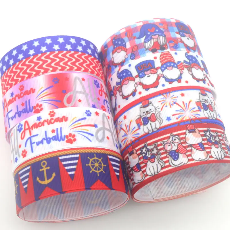 DHK 50yards USA 4th of July Football Printed Grosgrain Ribbon Accessories Material Headwear Decoration DIY Sewing Craft S1783