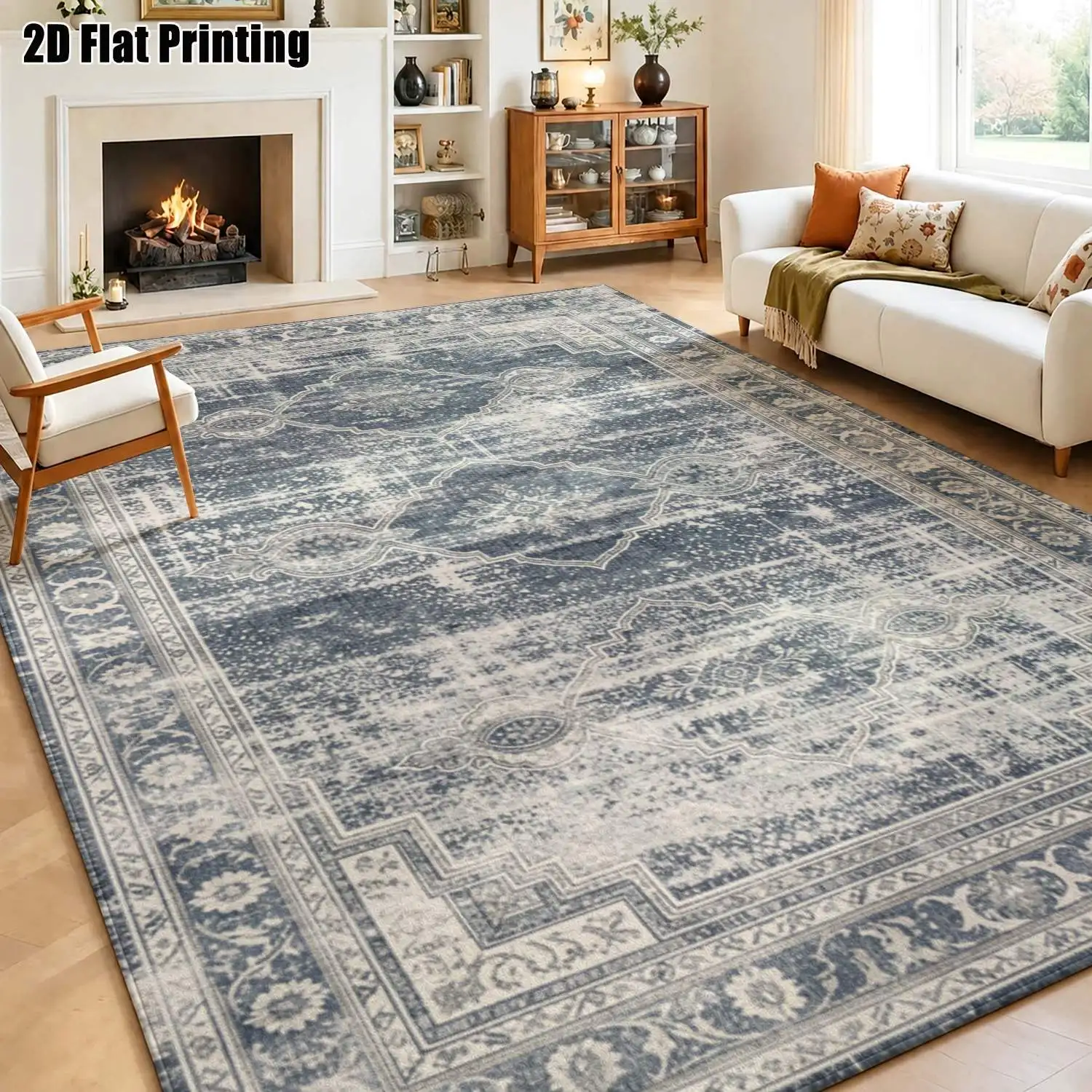 1Pc 2D Printed Retro Blue-Grey Persian Pattern Carpet, European Vintage Minimalist Rug for Home Decor, Multi-Size, Machine Washable, Suitable for Multiple Scenes, Door Mats & Carpets