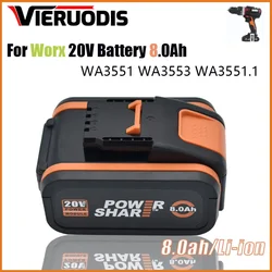 Batería de litio recargable para Worx, 20V, 8.0Ah, WA3551, WA3553, WA3553.1, WA3570, para todas las herramientas eléctricas y de jardín