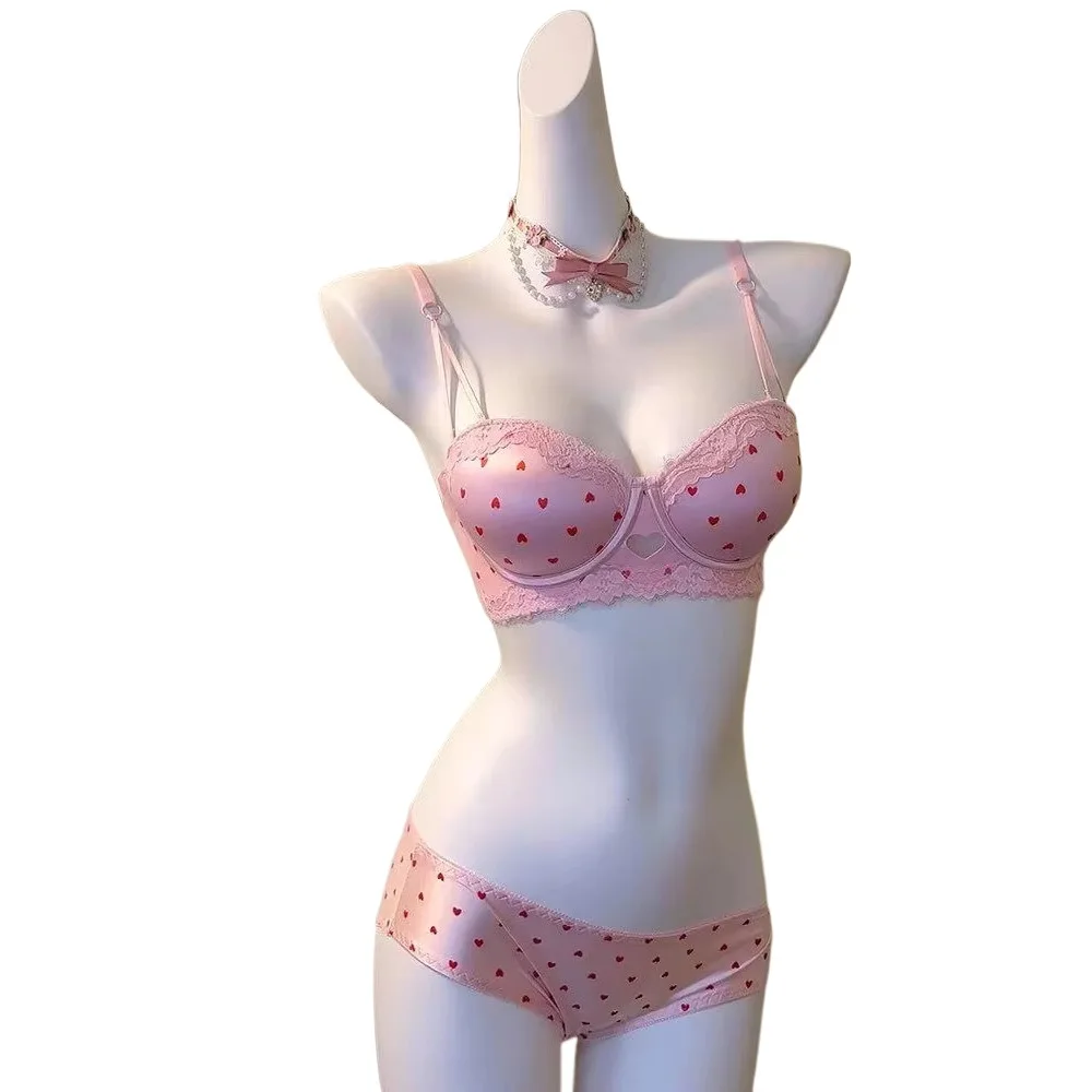 Kawaii Sweet Heart Lace Bra Panty Set Push Up Small Breast Side Collection Anti Sag Comfort Women Underwear Lingerie 32-38 Size