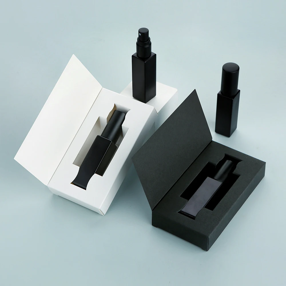 30/40PCS 10ml Sq 전기 도금 두꺼운 유리 매트 블랙 향수 스프레이, Al 노즐 분무기, 파손 방지, 플립 탑 박스 포함