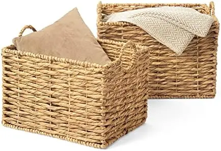 

Artera Oversize Wicker Basket - Set of 2, XL Natural Woven Floor Baskets for Blankets, Huge Rectangular Hyacinth Basket with Ha