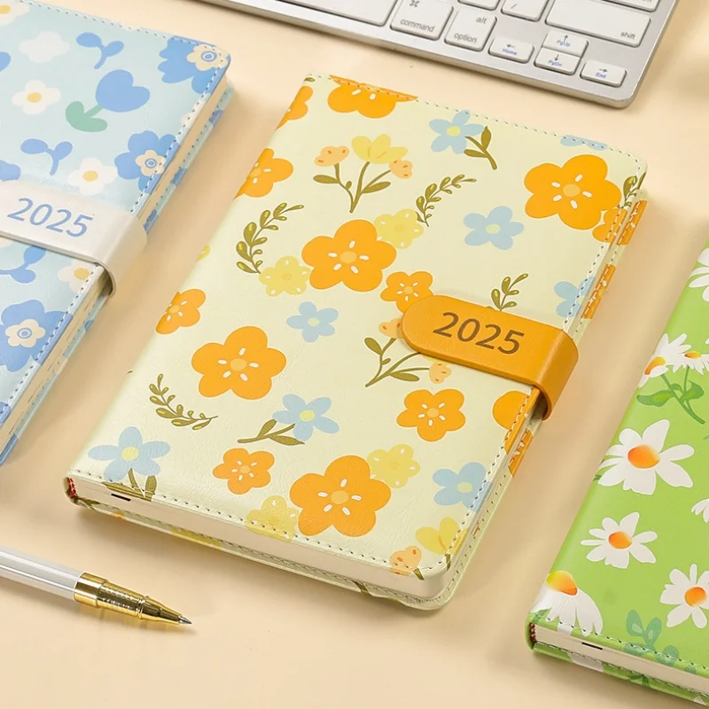 2025 Flower Daily Planners A5 Soft PU Leather 96 Sheet Agenda Notebook Time Management Efficiency Notepad Office School Supplies