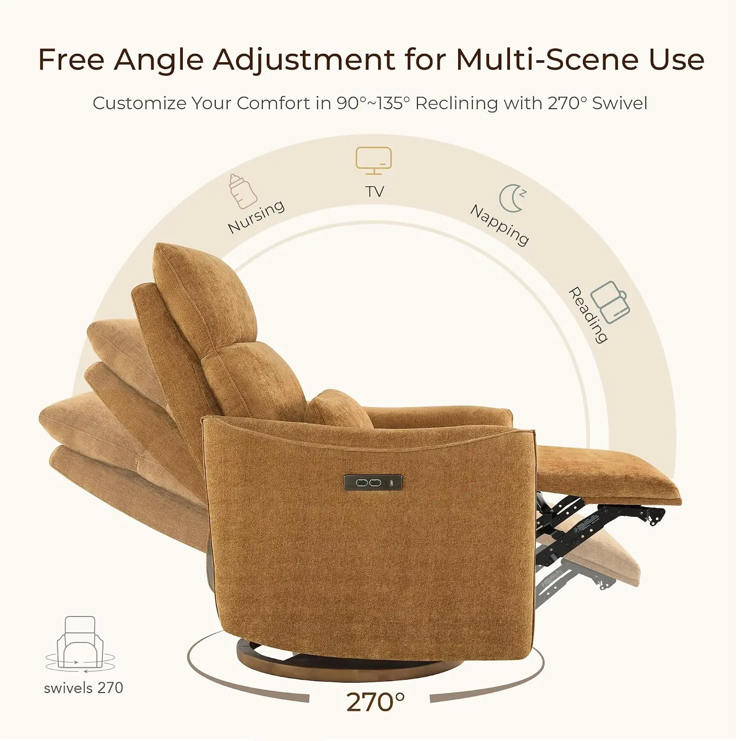 Power Swivel Glider Recliner Chair, Dual Motor Nursery Glider, Cognac
