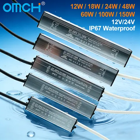 OMCH IP67 Waterproof Power Supply Lighting Transformer AC110V-220V to DC12V 24V LED Driver, 10W 20W 30W 50W 100W Outdoor Adapter