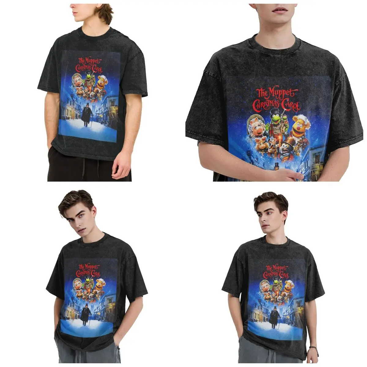 Streetwear T-Shirts Muppet Christmas Carol Washed T Shirt Short Sleeve Hip Hop T-Shirt Tops Tees for Men Women