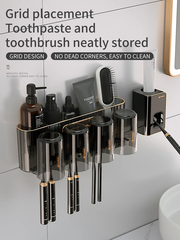 mr basket Toothbrush Holder Wall Mounted Toothbrush Holder Home bathroom Light Luxury Non Perforated Dental Cup Golder