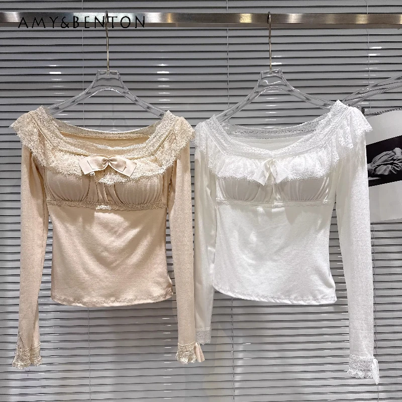 

2026 Spring Women's Clothing French Design Gentle Style Lace Collar Solid Color Elegant Versatile Long Sleeve T-shirt Ladies