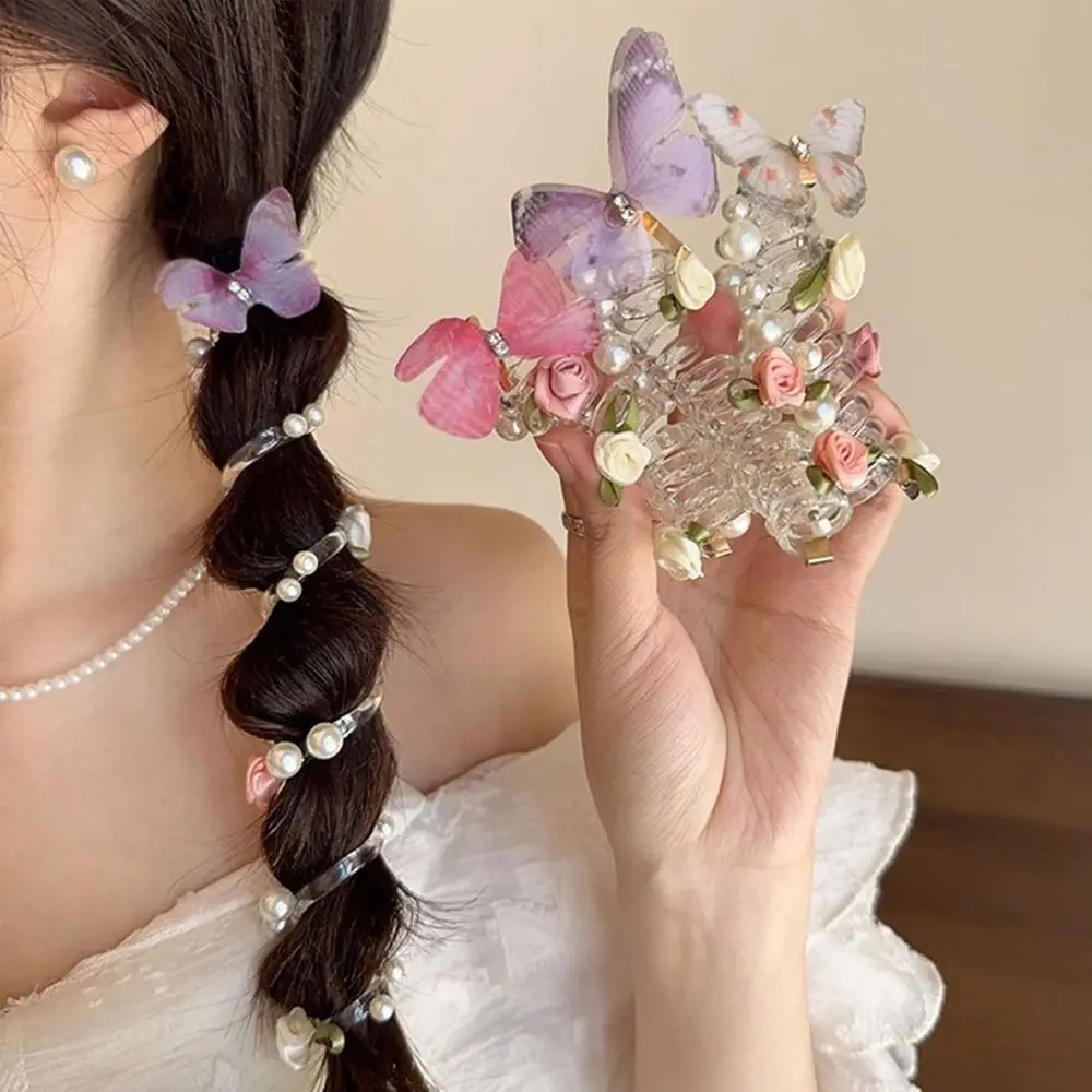 

Новые спиральные резинки для волос с цветком, без повреждений, жемчужная плетеная витая проволока для волос, мягкая эластичная проволока для волос пони для женщин