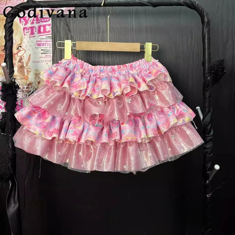 الحلو الأصلي لطيف الوردي تنورة المرأة المطبوعة Y2K القوس تصميم رقيق كعكة اللباس الإناث الصيف الشارع ارتداء الأميرة تنورة صغيرة
