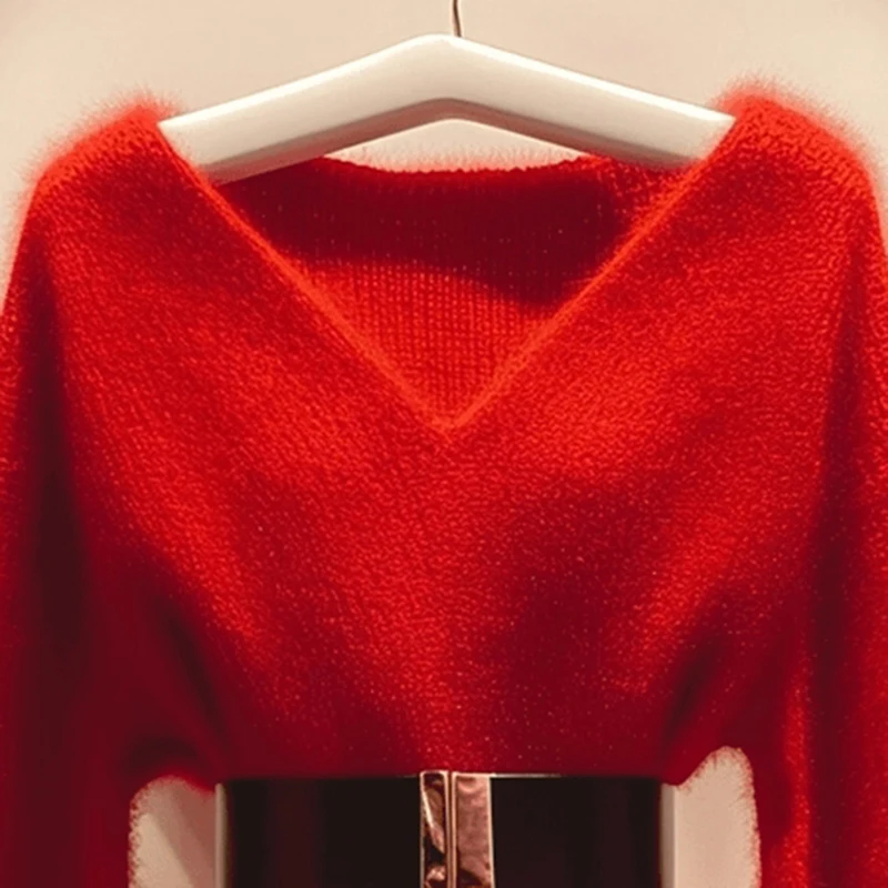 Pullover Knitt Sweater Women Long-sleeved V-neck Lady Red Chic Outwear 2025 Elegant Autumn Winter Fashion Slim Soft Waxy Top Y2K