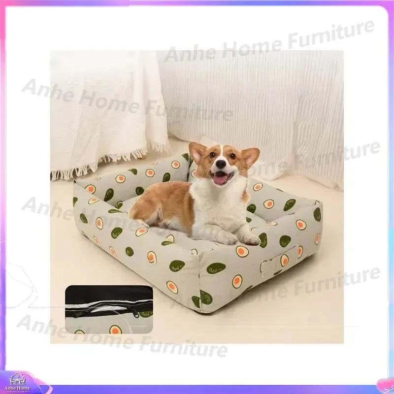 Large Dog Bed Square Velvet Linen Removable Cover Memory Foam Pet Sofa Cushion Lucky Cat Print Washable Puppy Mat Furniture
