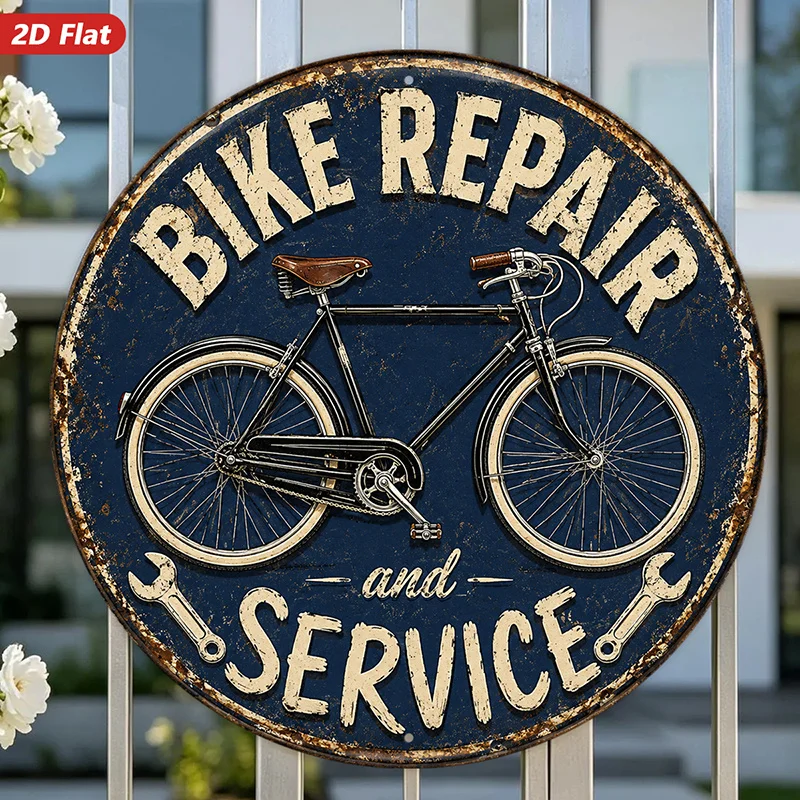 2D Retro Metal Round Wall Sign Bike Repair Service Vintage Garage Workshop Man Cave Indoor Outdoor Rustproof Decor