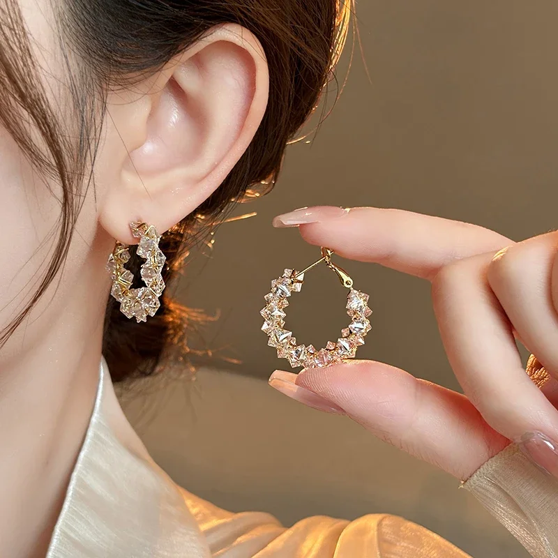 South Korea new design fashion jewelry 14K gold plated black zircon hoop earrings elegant women's party accessories