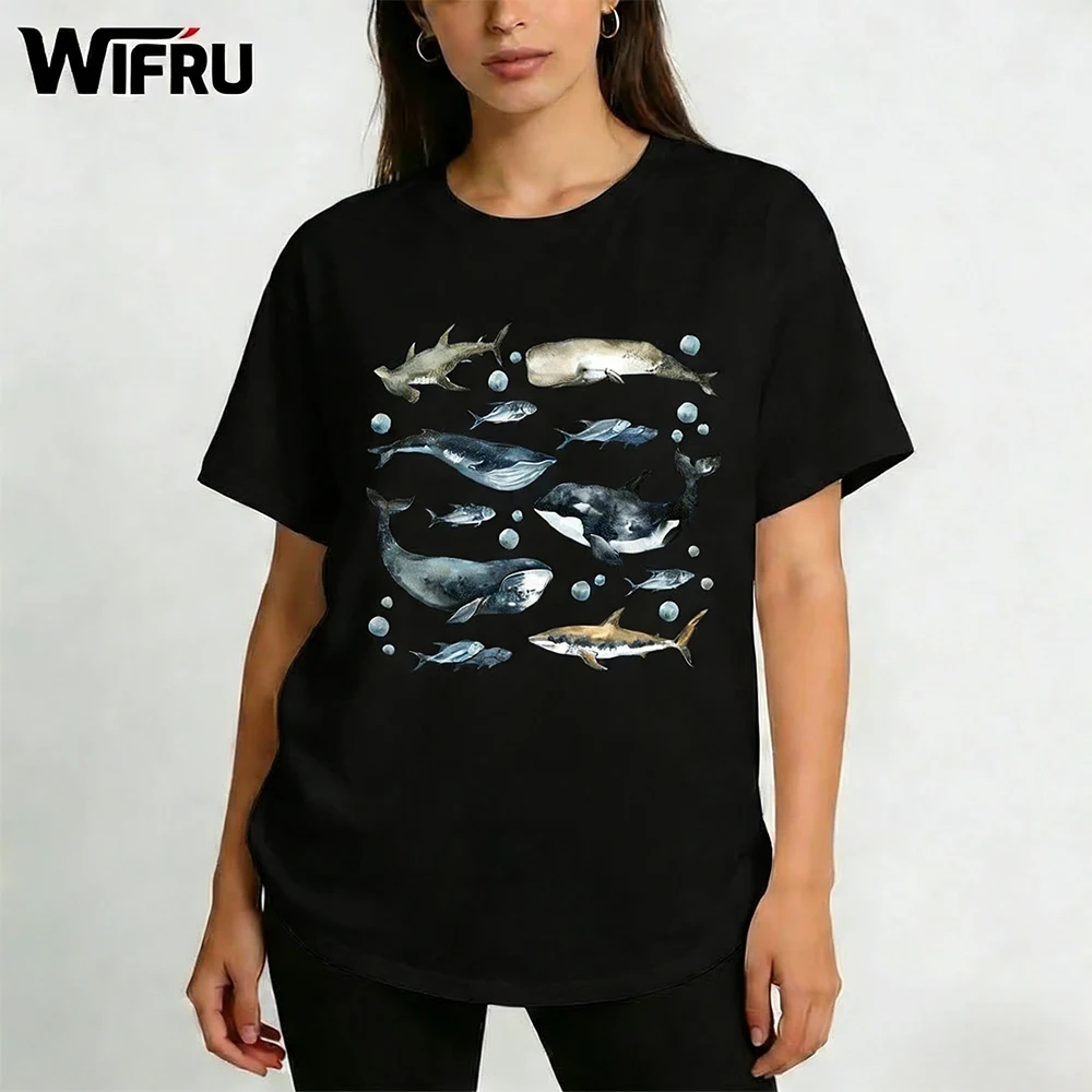 

Ocean Marine Life Printed T-shirt Whale Shark Graphic Versatile Short Sleeve Tops Women's Niche Aesthetics Casual Crew Neck Tee