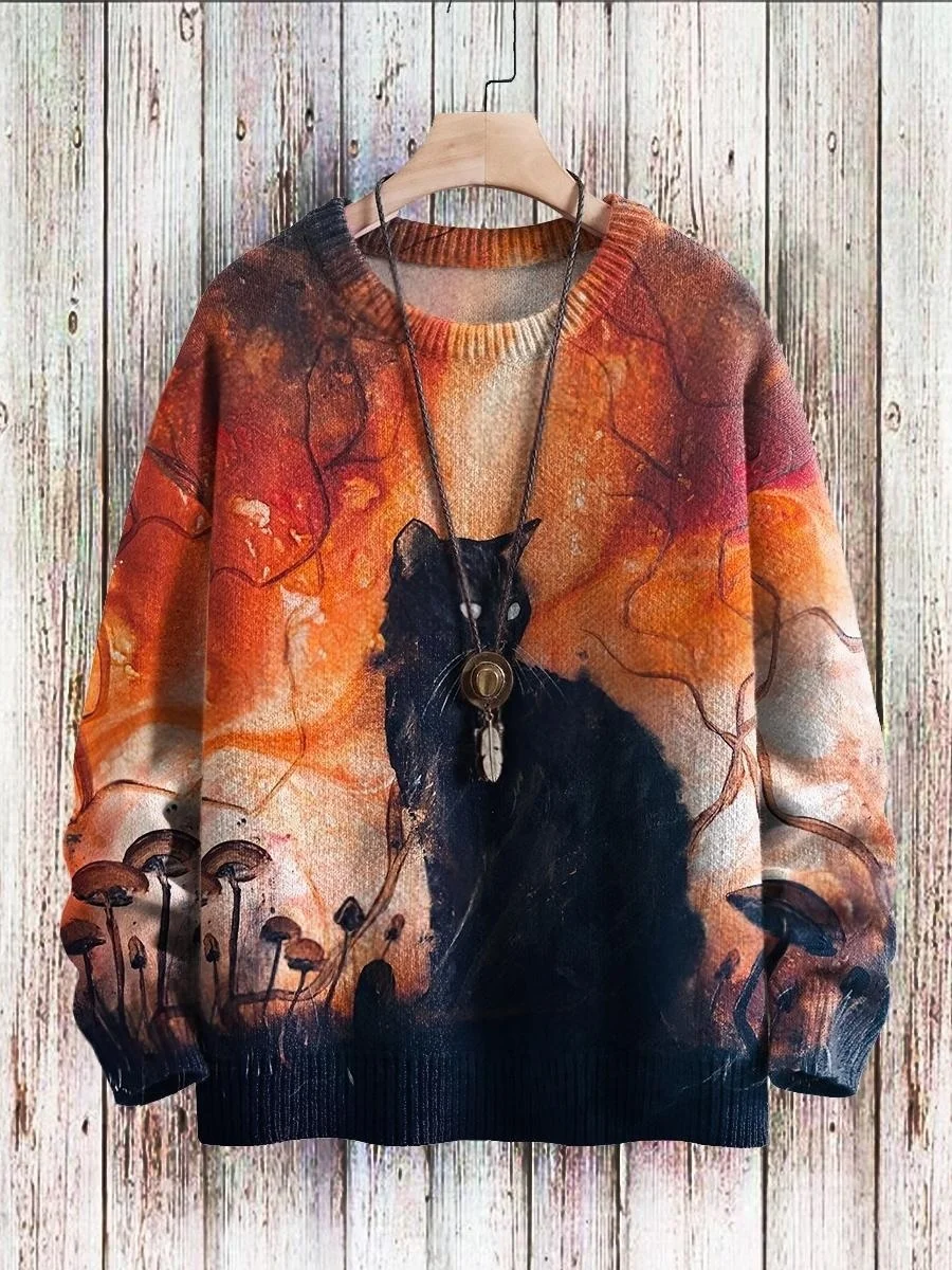 Halloween-Schloss, schwarze Katze, Geist, Retro-Kunst, 3D-Druck, Herren-Strickpullover, Winter, Unisex, lässiger Strickpullover. – Detail 12
