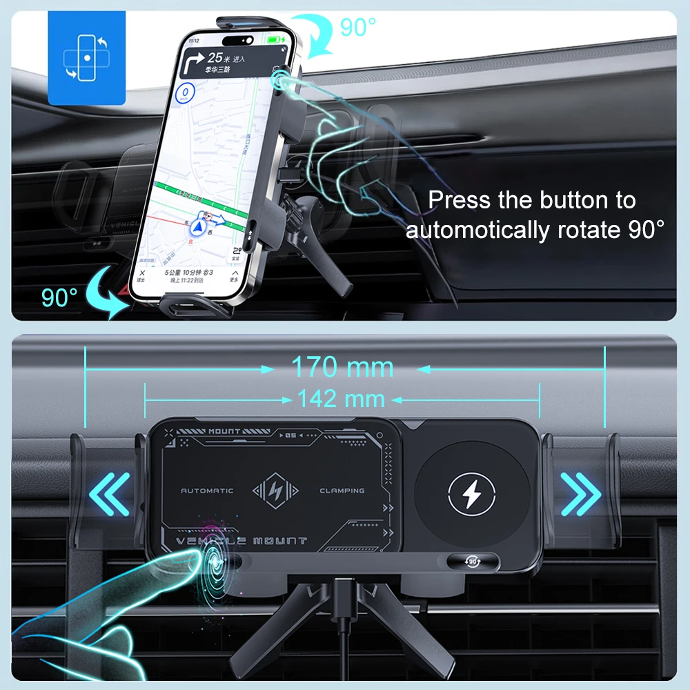 サムスンギャラクシーzフォールドフリップ用ワイヤレス充電器-デュアルコイル式携帯電話誘導充電-車載エアコン吹き出し口用-折りたたみ式画面-車載ワイヤレス充電器