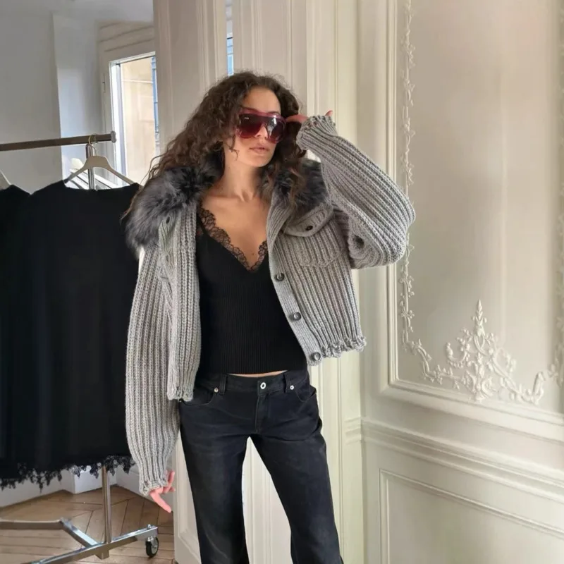 الفاخرة الفراء طوق الوزن الثقيل مضلع سترة 2025 جديد BL مصمم الأزياء القابلة للإزالة الفراء طوق معطف سيدة أنيقة ودافئة تريكو