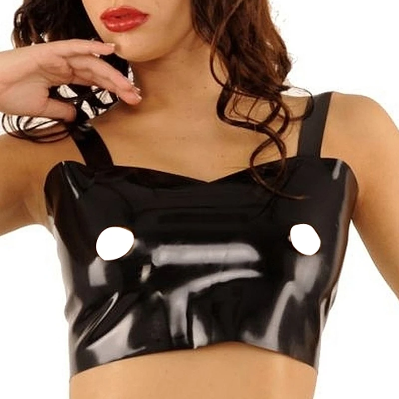 Schwarz Sexy Latex-Bh Öffnen Nippel Halter Kreuz Straps Gürtel Gummi Crop Top Dessous Büstenhalter 0006