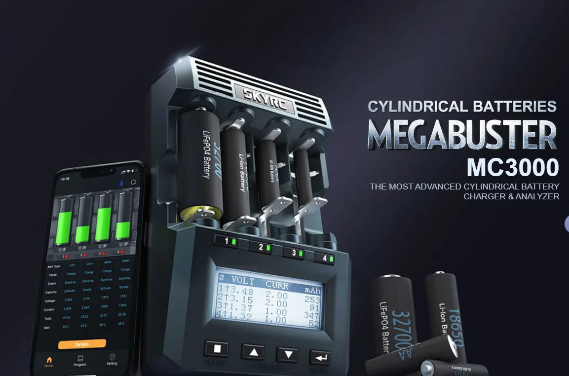 SKYRC MC3000 Multifunctional Battery Charger for Ni-H Ni-Cd LiFePO4 Cylindrical Batteries with APP Control