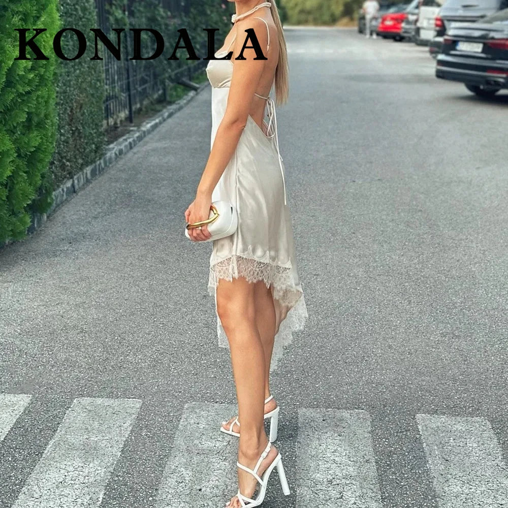 KONDALA 2025, Sexy Spitze Frau Kleid Mantel Cami Weiß Asymmetrische Kleid Backless Mode Chic Spitze-up Nacht Party Mujer vestidos