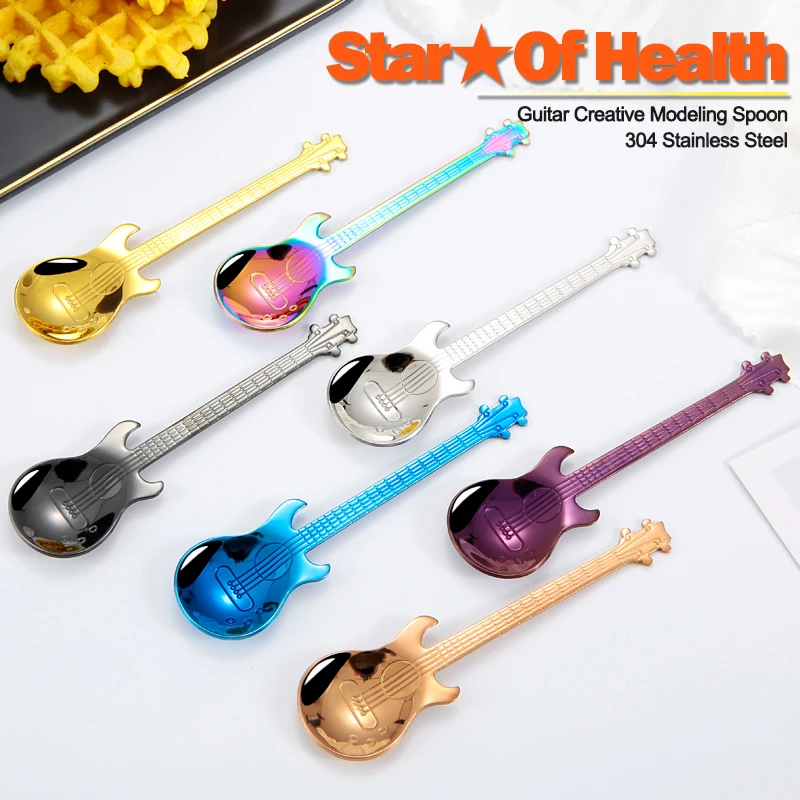 Coffee Spoon Stainless Steel Dessert Spoon Ice Cream Cutlery Gold  Polishing Guitar Handle Mixing Creative Teaspoon Tableware