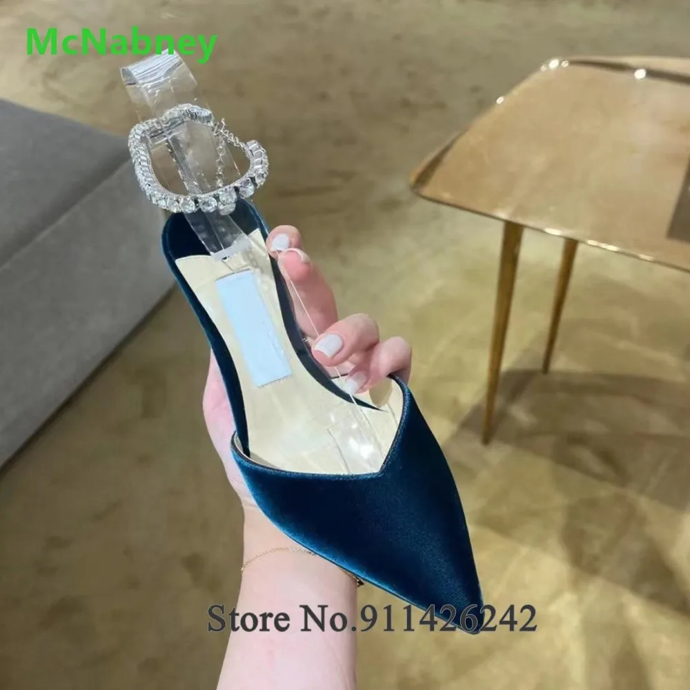 Blue Velvet Fabric Ankle Crystal Strap Pumps For Female Women 2024 Luxury Design Thin High Heel Pointed Toe Elegant Party Shoes