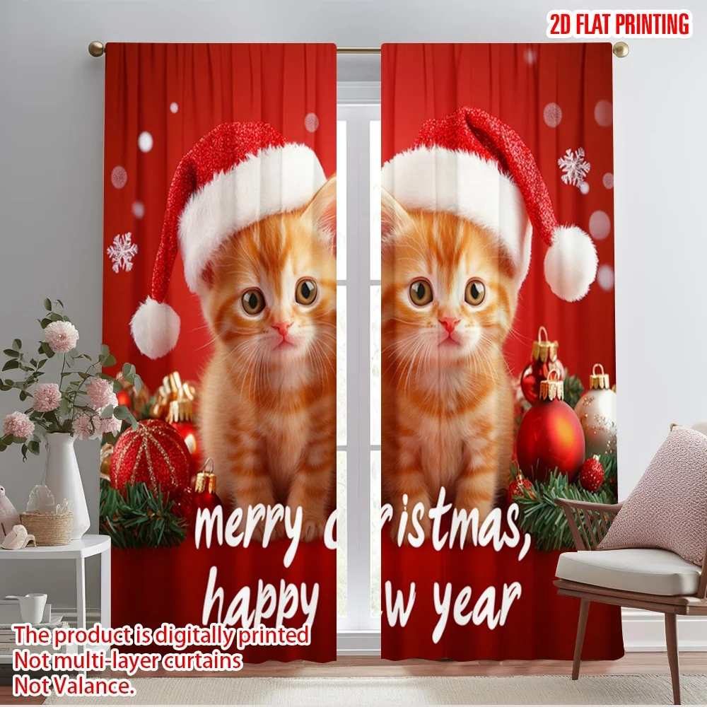 2pcs,2D plane printing Pattern Curtains Cute Kittens Merry Christmas Happy New Year Polyester Fabric (without rod) Decorations