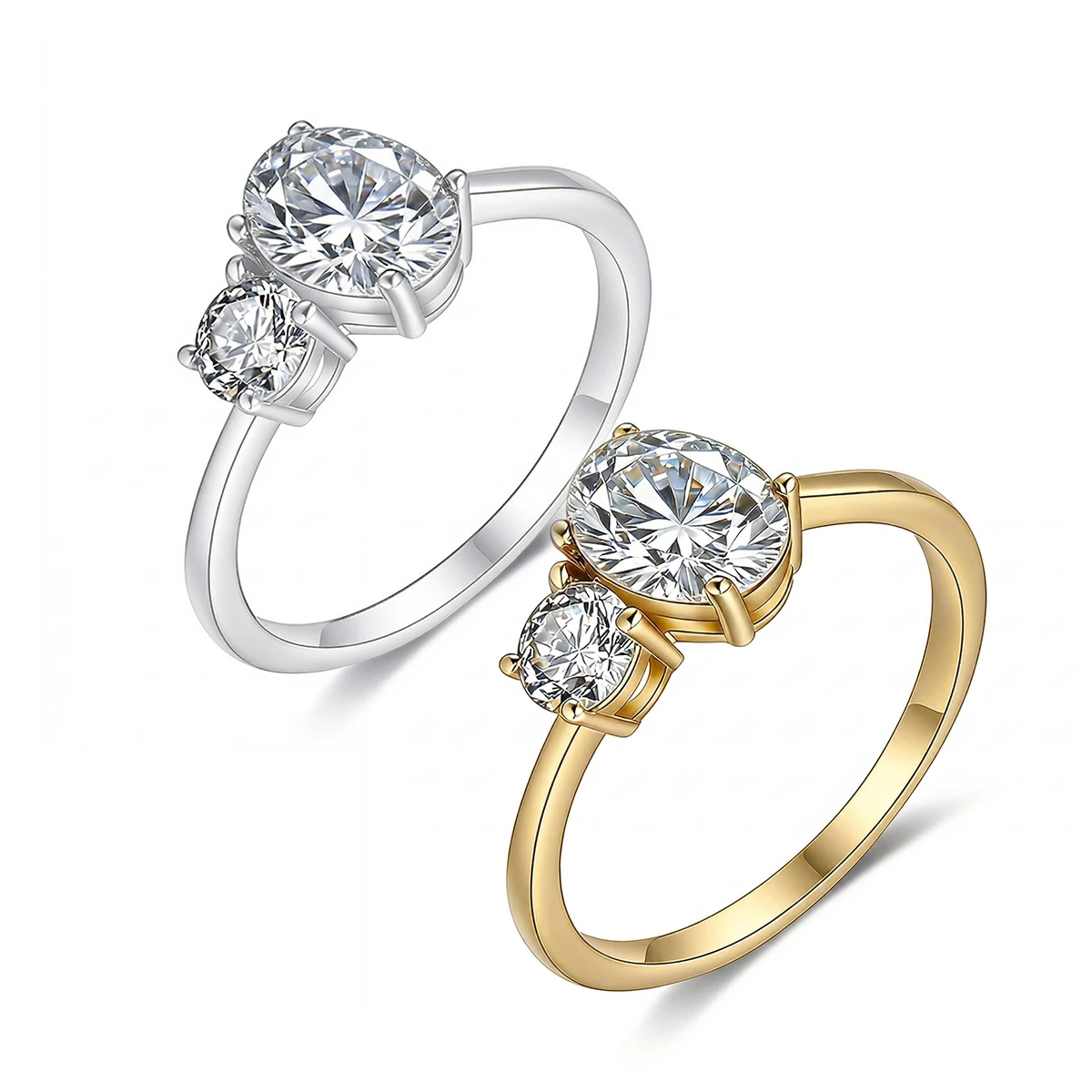 S925 Silver Plated 18K Gold Egg-shaped Round Moissanite Diamond Double Stone Hand in Hand with Women's Ring 1.3ct