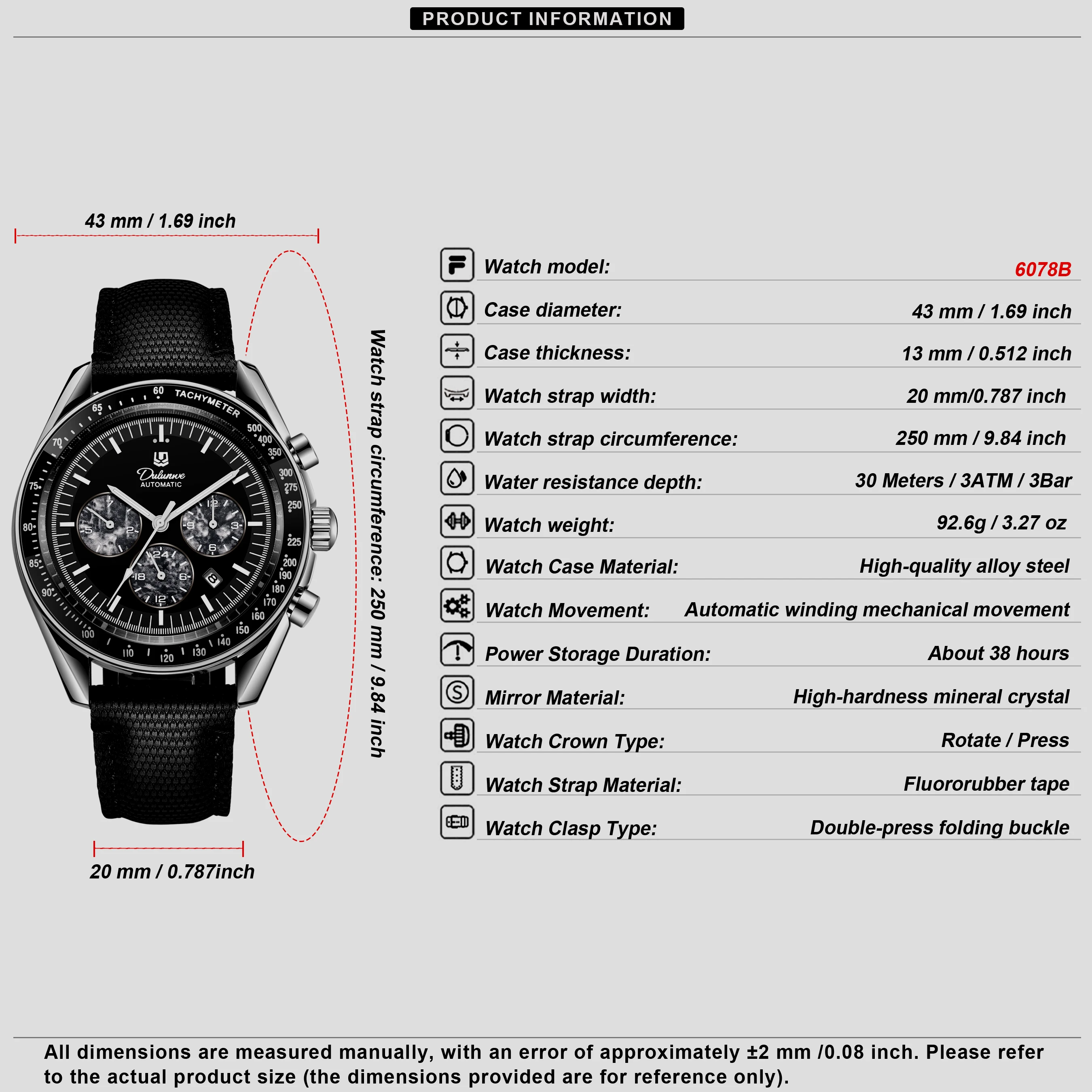 Dulunwe Men'S Automatic Mechanical Watch, Stainless Steel Case, Luminous, Waterproof, Three-Register Dial Design.