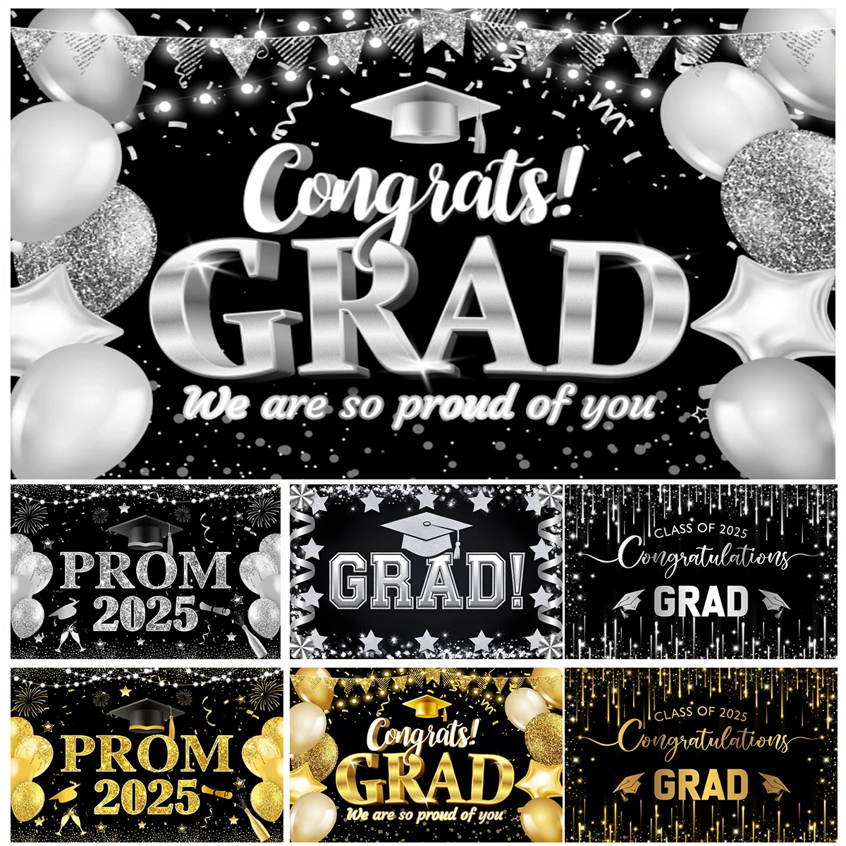 

Congratulation Graduation Backdrop Silver Gold Balloon Bachelor Cap Glitter Balloon Class Party Photography Background Photozone