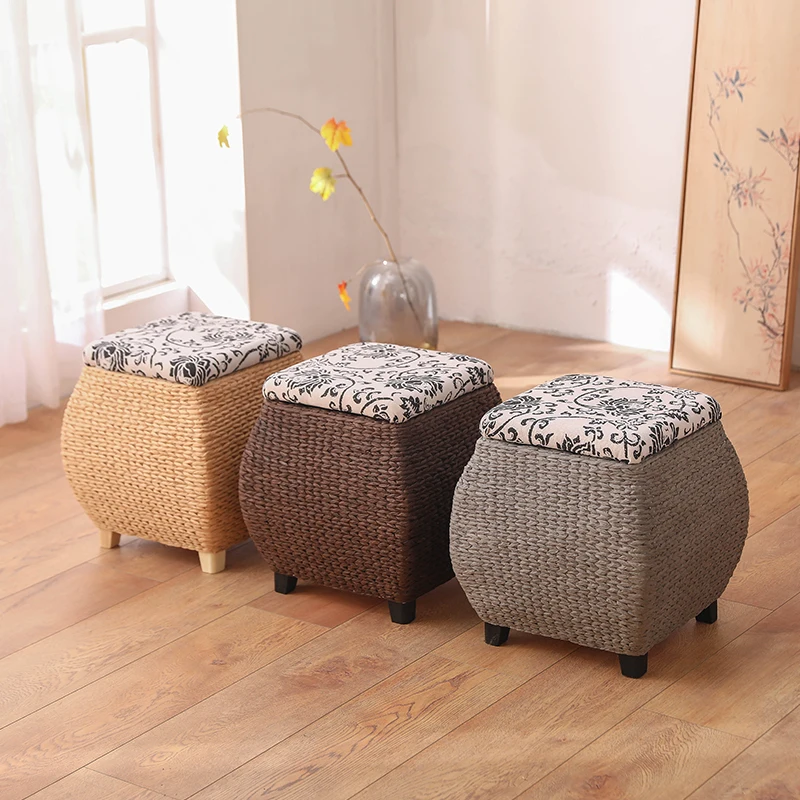

Woven Rattan Entryway Bench with Storage Solid Wood Shoe Changing Stool High-End Hallway Seat Modern Farmhouse Storage Solution