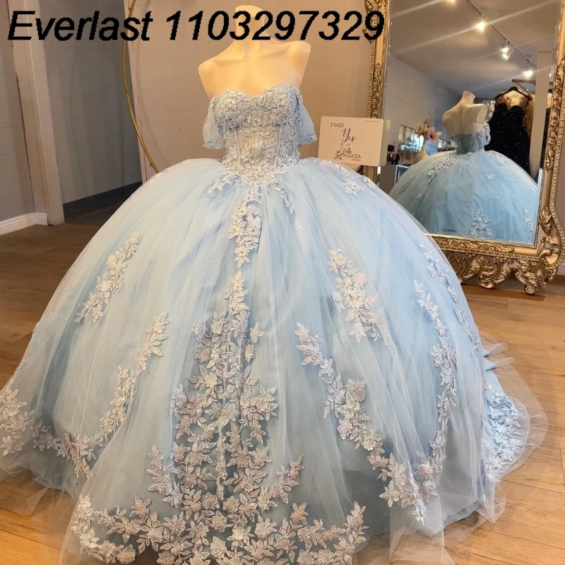 

EVLAST Sky Blue Ball Gown Quinceanera Dress Off Shoulder Applique Lace Beading Tull Corset Sweet 16 Vestido 15 De XV Años TQD180