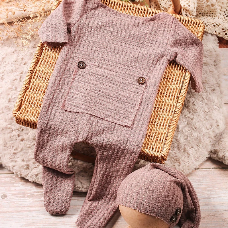 Ylsteed Dusty Pink Newborn Photography Footed Jumpsuit with Sleepy Hat Photo Props Knitted Buttons Patchwork Bodysuit Overalls