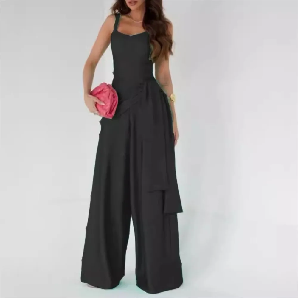 섹시한 멜빵 여성 점프 슈트 패션 우아한 Cinched-waist 레이싱 와이드 레그 바지 캐주얼 홀터 탑 여성 Officejumpsuits