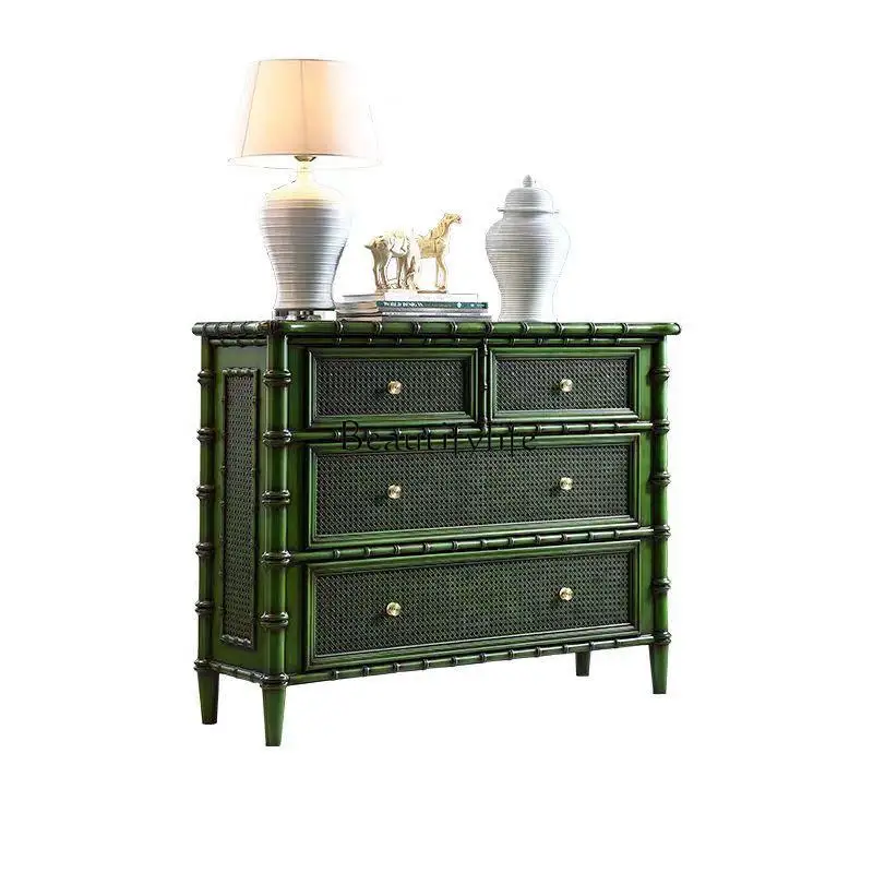 

American retro green bamboo solid wood rattan chest cabinet medieval aisle storage cabinet