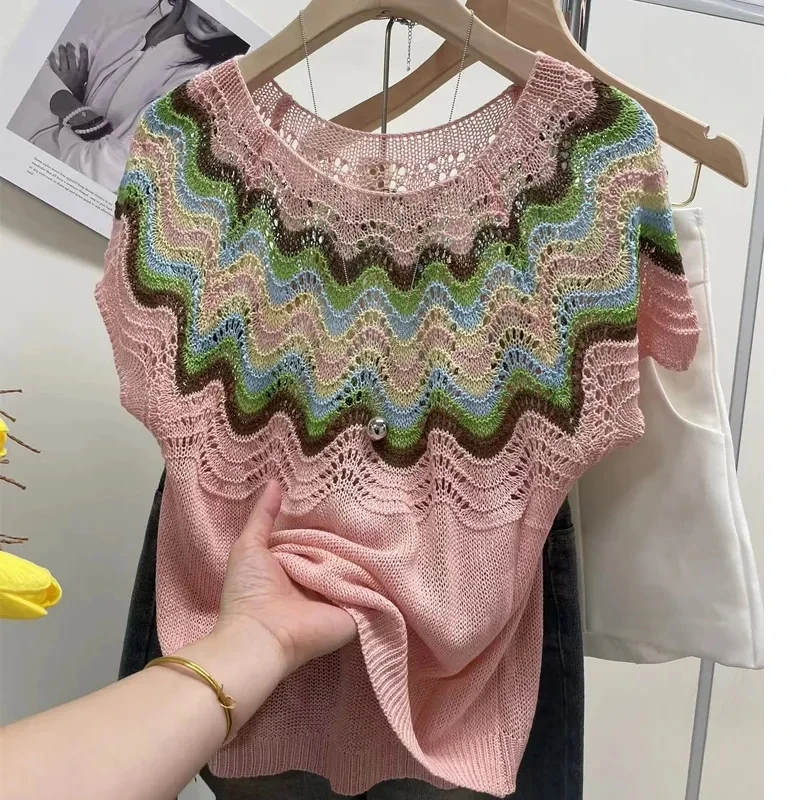 

Color New Ladies Summer Color Matching Hin Wave Short Sleeve Openwork Loose Sweater Fashion Design Joker Comfortable Cool Top