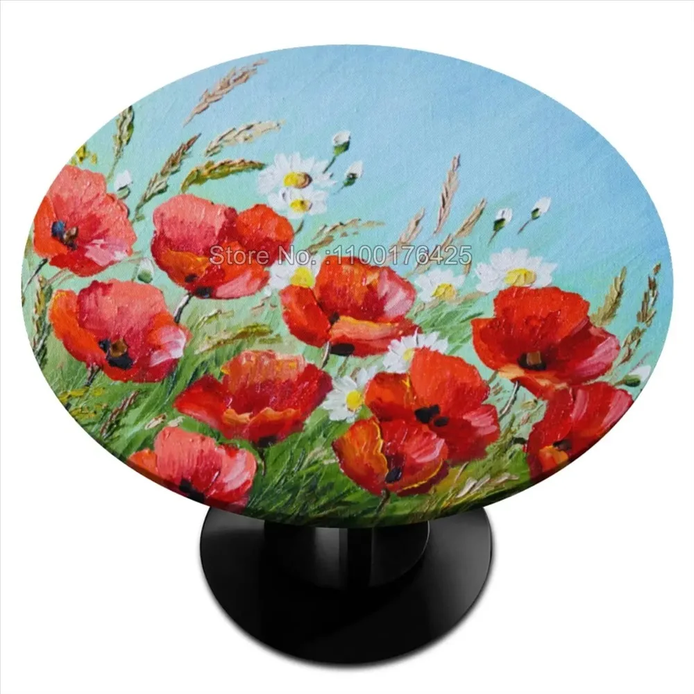 Flowers Floral Red Round Fitted Tablecloth with Elastic Edged Waterproof Table Cover Kitchen Dinning Tabletop Decoration