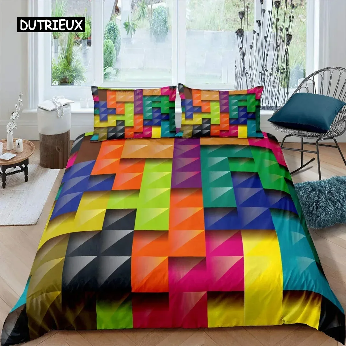 Red Glowing Polygonal Grid Pattern Bedding Set, 3PCS Fashion Duvet Cover Set With Pillowcase For Aldult Kid Bedroom