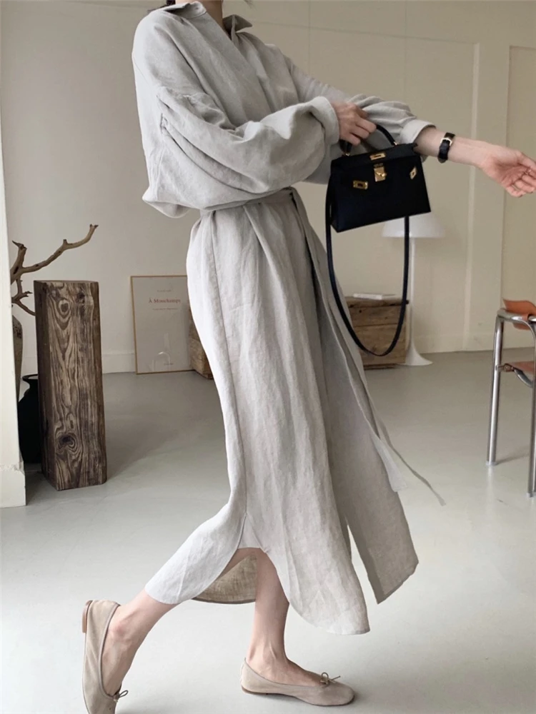 REALEFT 2024 New Vintage Women\'s Shirts Dresses Sashes Puff Sleeve Solid Casual Loose Straight Long Dresses Female Spring Autumn