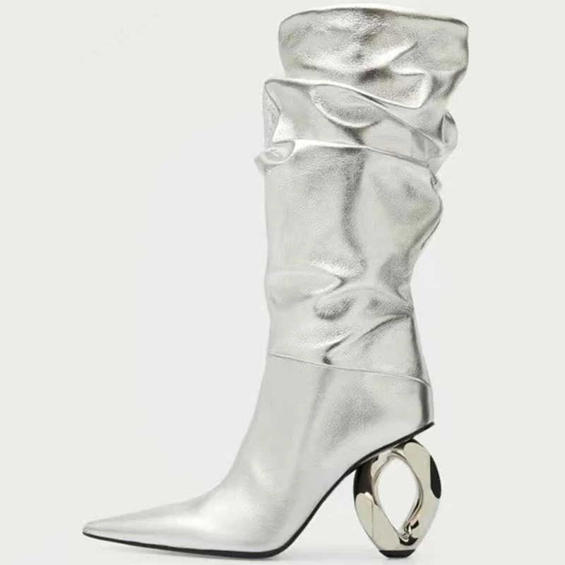 

Unique Design Heels Women Pleated Pointed Toe Booty Strange Heel Half Knee High Boots Outdoor Wide Fit 46 Silver Dress Shoes