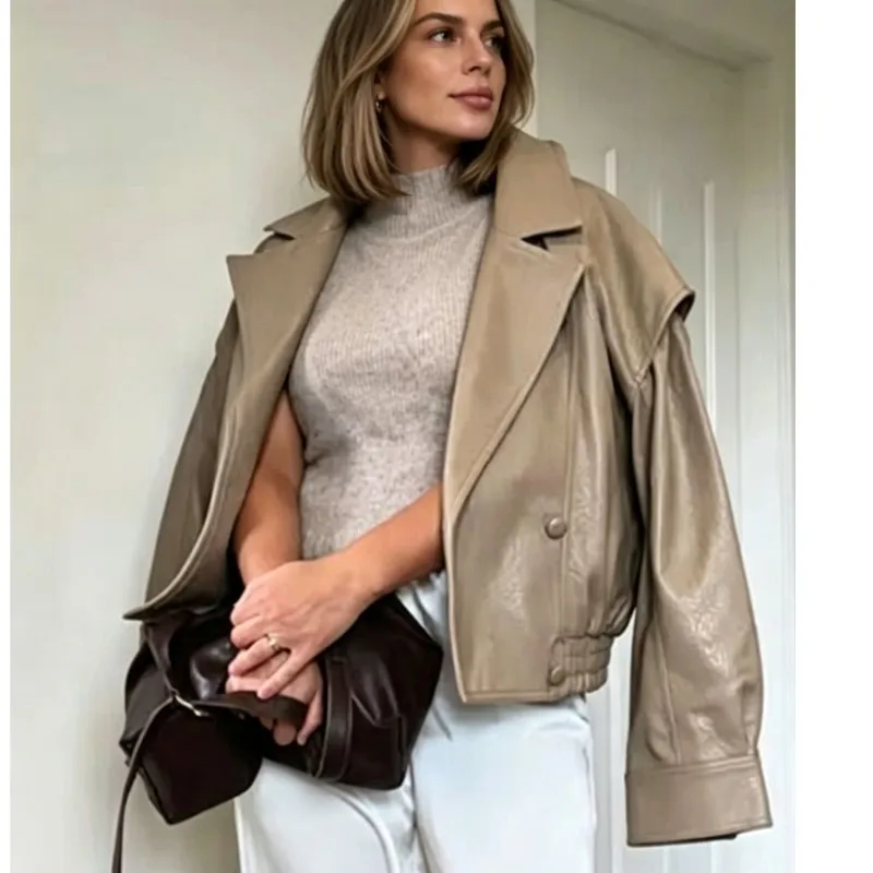 Women's Faux Leather Jackets Autumn Winter Double Breasted Elasticated Hem Long Sleeve Coat Fashion Casual Loose Jacket