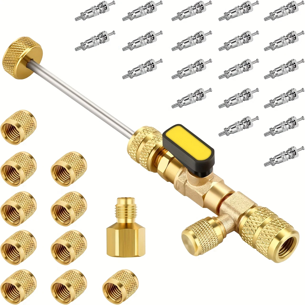 

Valve Core Remover Installer Tool with Dual Size SAE 1/4 & 5/16 Port, 20 PCS Valve Cores with Teflon Seal and 10 PCS Brass Nuts