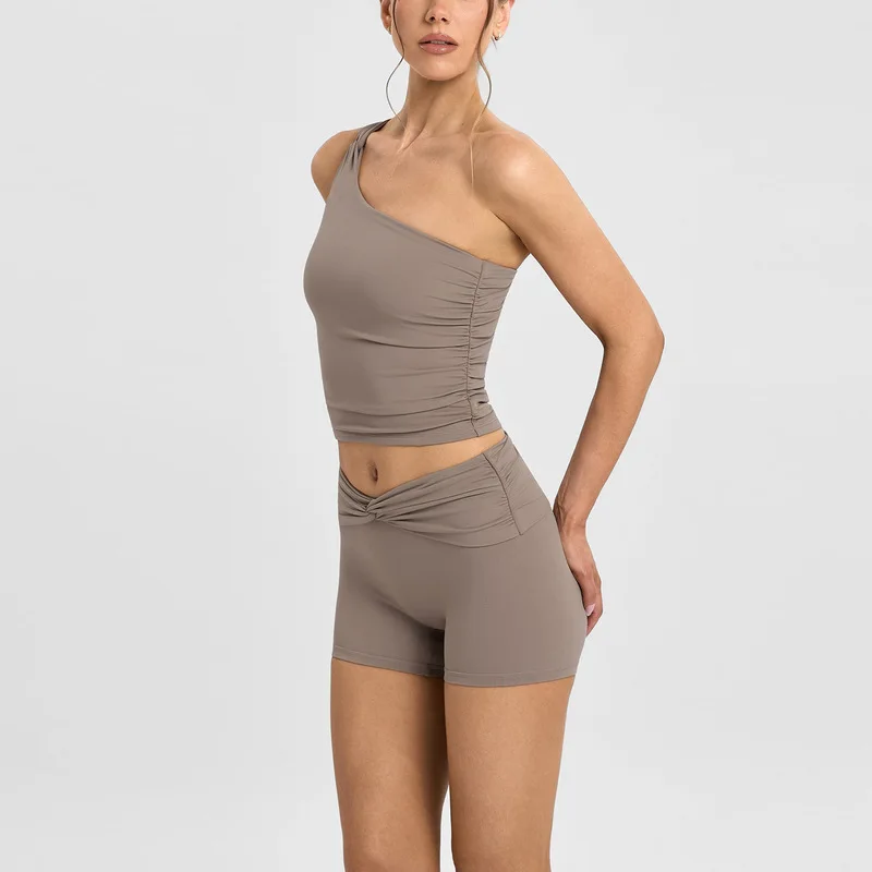 American style one-shoulder yoga vest set, pleated high-elastic fitness yoga wear, sports training top two-piece set