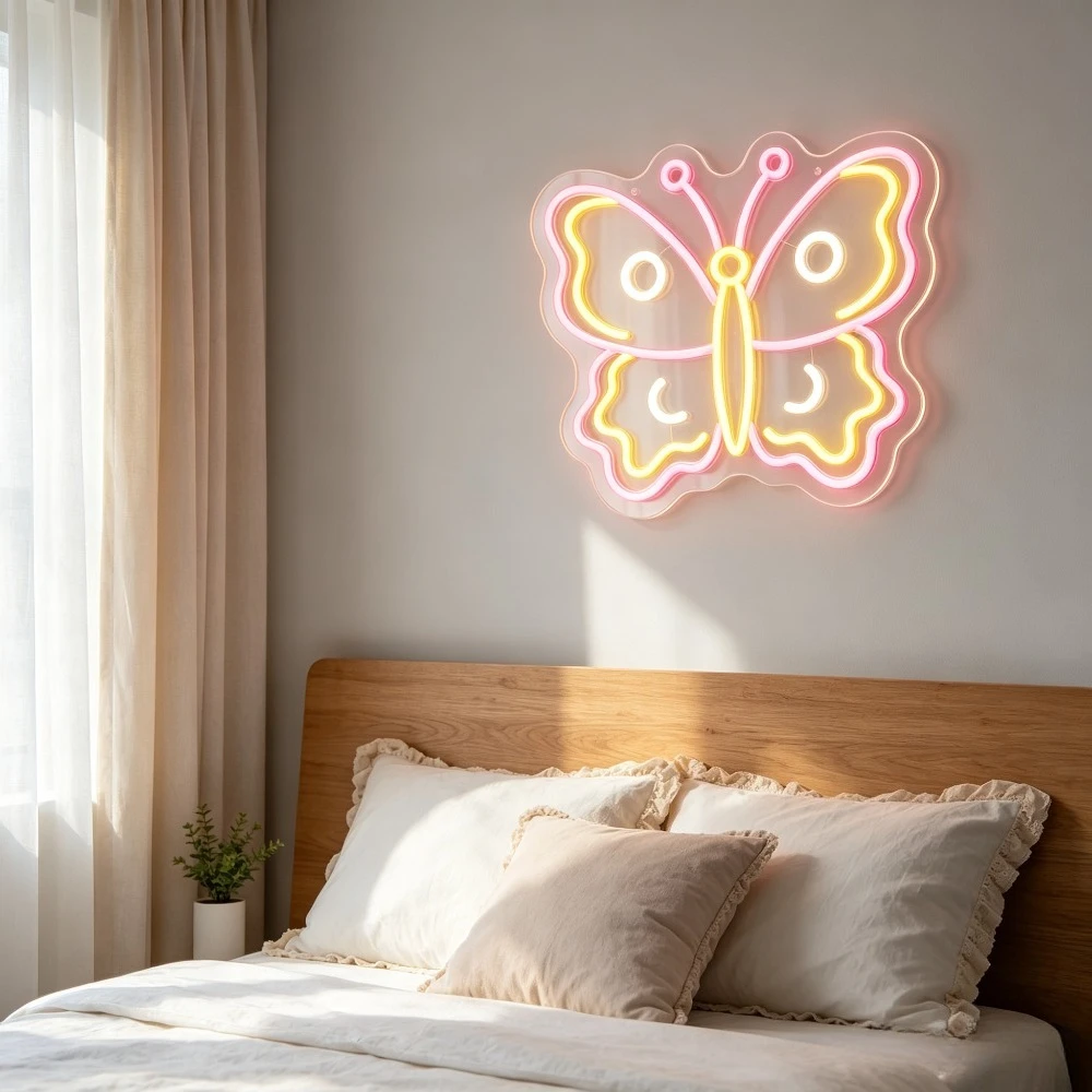 Cute Moon Butterfly LED Neon Sign USB Dimmable Wall Light for Girls Bedroom Flower Shop Kids Boutique Romantic Indoor Wall Decor